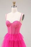 Fuchsia Beaded Corset Tiered Maxi Prom Dress with Slit