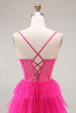 Fuchsia Beaded Corset Tiered Maxi Prom Dress with Slit