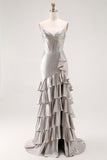 Grey Corset Mermaid Metallic Ruffled Long Prom Dress with Slit