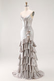Grey Corset Mermaid Metallic Ruffled Long Prom Dress with Slit
