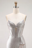 Grey Corset Mermaid Metallic Ruffled Long Prom Dress with Slit
