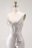 Grey Corset Mermaid Metallic Ruffled Long Prom Dress with Slit