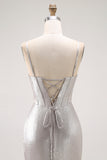 Grey Corset Mermaid Metallic Ruffled Long Prom Dress with Slit
