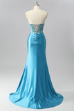 Sparkly Blue Sweetheart Satin Corset Mermaid Maxi Prom Dress with Sequins