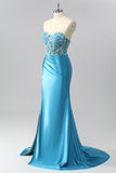 Sparkly Blue Sweetheart Satin Corset Mermaid Maxi Prom Dress with Sequins