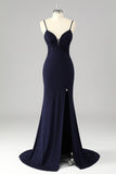 Glitter Navy Corset Spaghetti Straps Mermaid Maxi Prom Dress with Slit