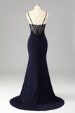 Glitter Navy Corset Spaghetti Straps Mermaid Maxi Prom Dress with Slit