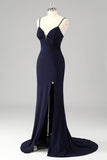 Glitter Navy Corset Spaghetti Straps Mermaid Maxi Prom Dress with Slit