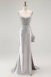 Sparkly Grey Mermaid Corset Maxi Prom Dress with Beading