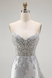 Sparkly Grey Mermaid Corset Maxi Prom Dress with Beading