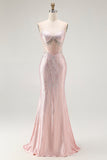 Sparkly Blush Corset Beaded Mermaid Long Prom Dress