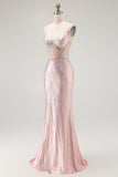 Sparkly Blush Corset Beaded Mermaid Long Prom Dress