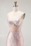 Sparkly Blush Corset Beaded Mermaid Long Prom Dress