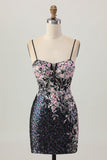Zapakasa Women Sparkly Black Pink Sequins Short Homecoming Dress with Appliques Spaghetti Straps Bodycon Corset Cocktail Dress