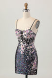 Sparkly Black Pink Short Sequin Cocktail Dress with Appliques