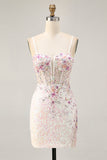 Sparkly Black Pink Short Sequin Cocktail Dress with Appliques