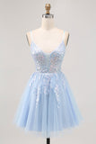 Sparkly Blue Tulle A Line Short Criss Cross Back Prom Dress with Sequins