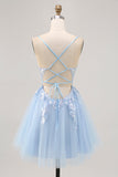 Sparkly Blue Tulle A Line Short Criss Cross Back Prom Dress with Sequins