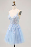 Sparkly Blue Tulle A Line Short Criss Cross Back Prom Dress with Sequins