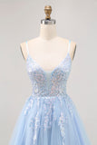 Sparkly Blue Tulle A Line Short Criss Cross Back Prom Dress with Sequins