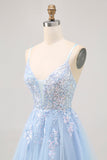 Sparkly Blue Tulle A Line Short Criss Cross Back Prom Dress with Sequins