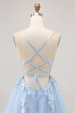 Sparkly Blue Tulle A Line Short Criss Cross Back Prom Dress with Sequins