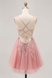 Sparkly Blush Beaded Tulle A Line Short Prom Dress with Sequins