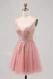 Sparkly Blush Beaded Tulle A Line Short Prom Dress with Sequins
