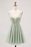 Sparkly Green Tulle V-Neck Beaded Short A Line Prom Dress