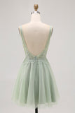 Sparkly Green Tulle V-Neck Beaded Short A Line Prom Dress