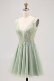Sparkly Green Tulle V-Neck Beaded Short A Line Prom Dress