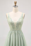 Sparkly Green Tulle V-Neck Beaded Short A Line Prom Dress