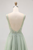 Sparkly Green Tulle V-Neck Beaded Short A Line Prom Dress