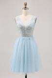 Sparkly Blue Beaded V-Neck Short Tulle Prom Dress with Sequins