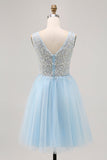 Sparkly Blue Beaded V-Neck Short Tulle Prom Dress with Sequins