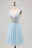 Sparkly Blue Beaded V-Neck Short Tulle Prom Dress with Sequins