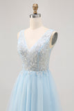 Sparkly Blue Beaded V-Neck Short Tulle Prom Dress with Sequins