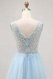 Sparkly Blue Beaded V-Neck Short Tulle Prom Dress with Sequins