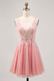 Sparkly Blush V-Neck Beaded Short Tulle Appliqued Prom Dress