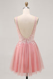 Sparkly Blush V-Neck Beaded Short Tulle Appliqued Prom Dress
