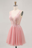 Sparkly Blush V-Neck Beaded Short Tulle Appliqued Prom Dress