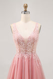 Sparkly Blush V-Neck Beaded Short Tulle Appliqued Prom Dress