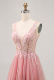 Sparkly Blush V-Neck Beaded Short Tulle Appliqued Prom Dress