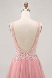 Sparkly Blush V-Neck Beaded Short Tulle Appliqued Prom Dress