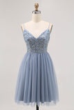 Sparkly Grey Blue Tulle A Line Pleated Short Prom Dress with Beading