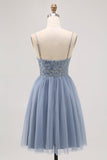 Sparkly Grey Blue Tulle A Line Pleated Short Prom Dress with Beading