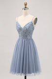 Sparkly Grey Blue Tulle A Line Pleated Short Prom Dress with Beading