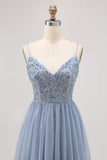Sparkly Grey Blue Tulle A Line Pleated Short Prom Dress with Beading