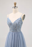 Sparkly Grey Blue Tulle A Line Pleated Short Prom Dress with Beading