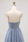 Sparkly Grey Blue Tulle A Line Pleated Short Prom Dress with Beading